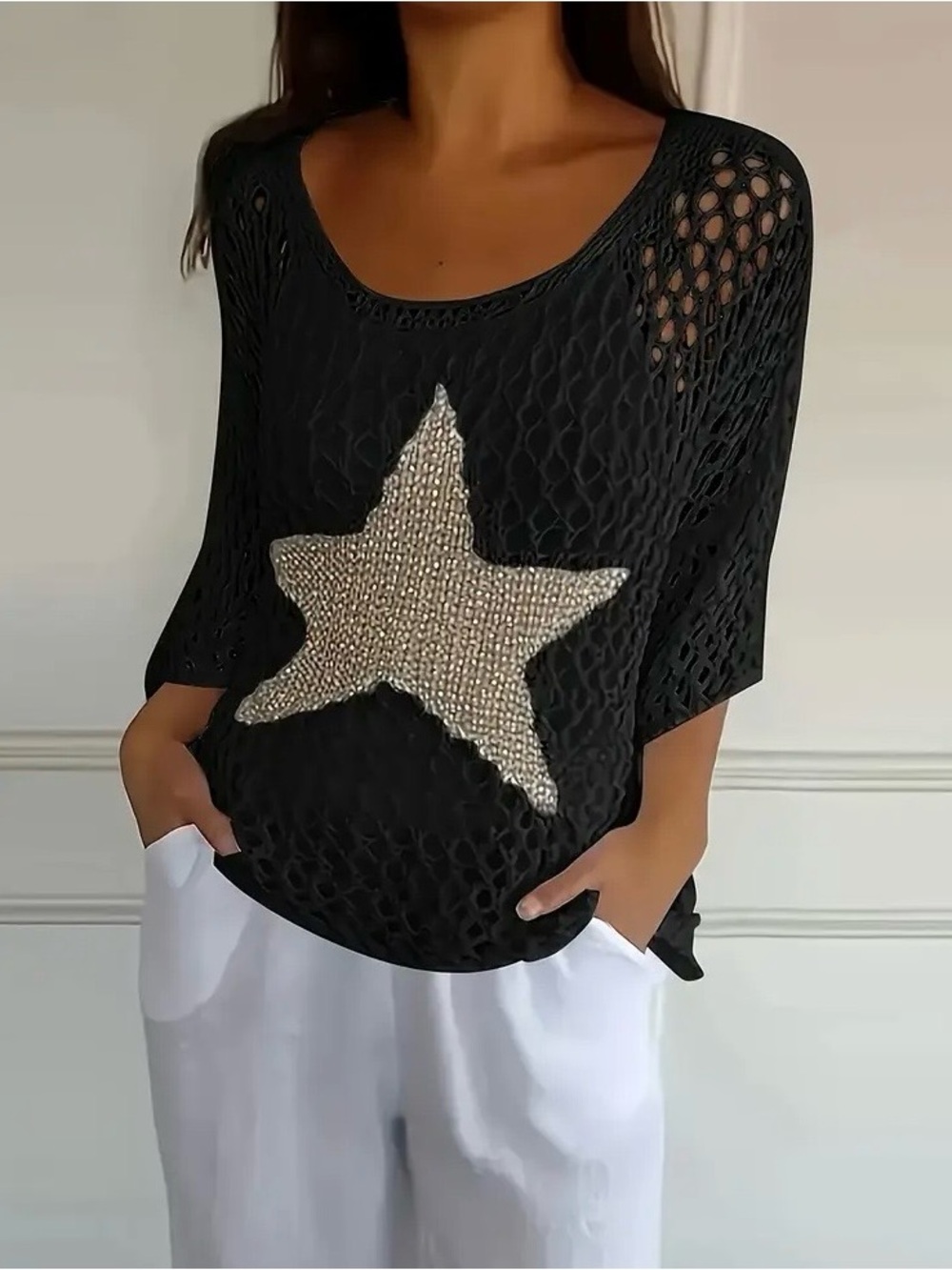 Black Open-Knit  brushed gold Star Pullover